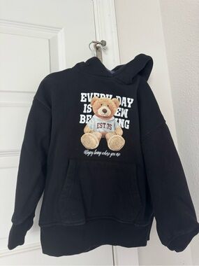 Zara Black Hoodie with Teddy Bear Graphic